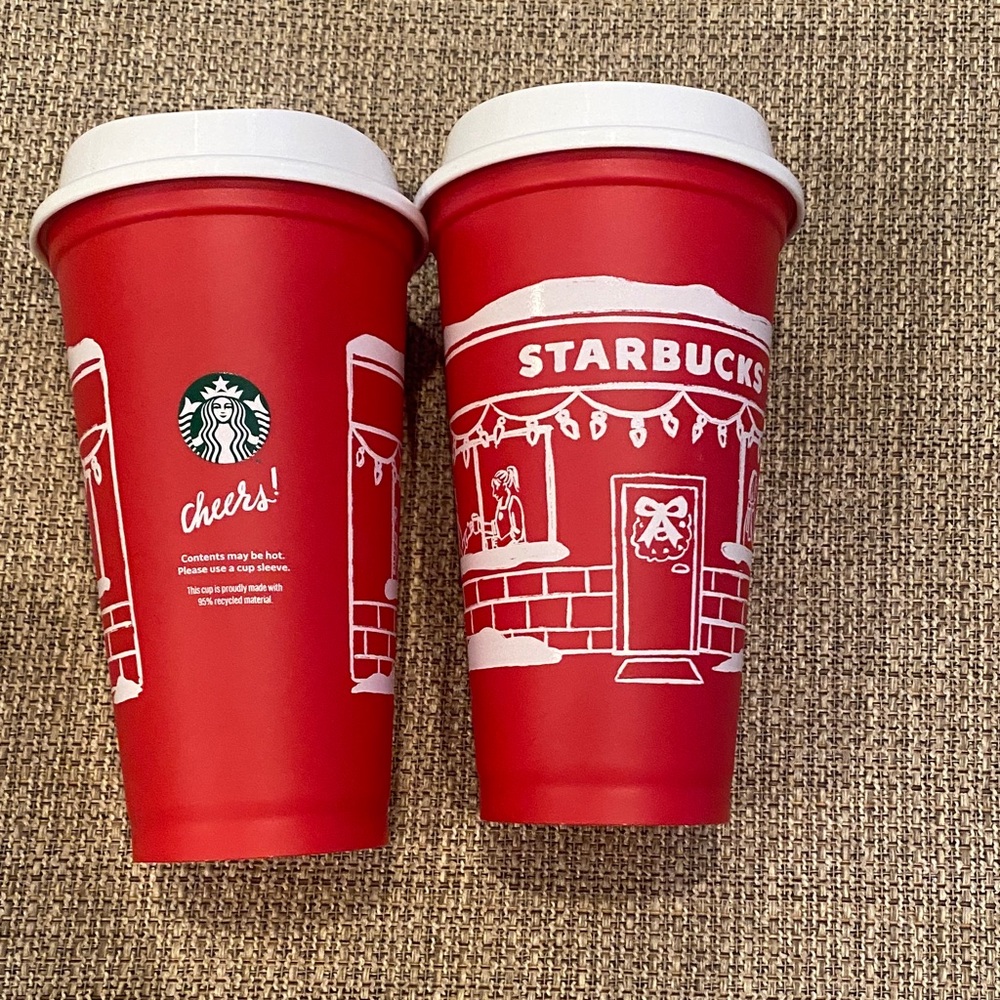 Starbucks Holiday 2025 Festive Red Cups with White Designs